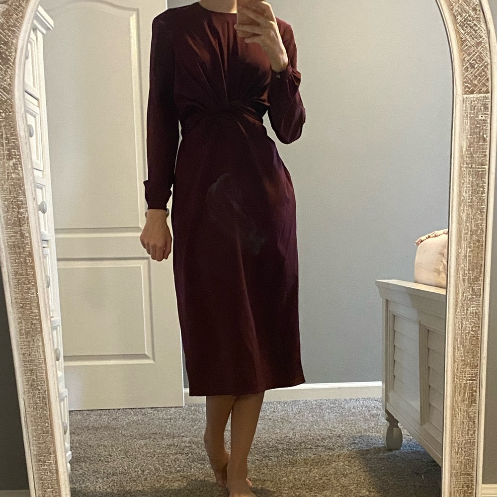 Tie front long sleeve midi dress in wine - Picture 3 of 5